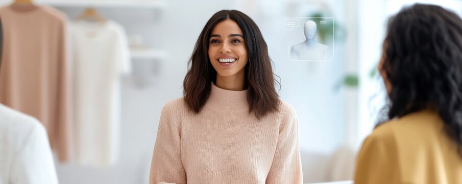Smiling Woman AI Fashion Consultation, personal stylist, virtual fitting