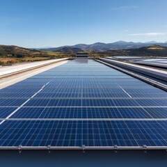 Solar Panels on Rooftop with Mountain View under Blue Sky, renewable energy, sustainability