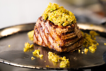 Grilled steak with herb crust – close-up, vertical