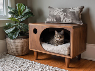 Cozy cat resting in modern wooden furniture with plant nearby