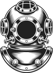 Vintage engraved diving helmet, antique deep-sea diver gear, submarine headgear, nautical exploration tool