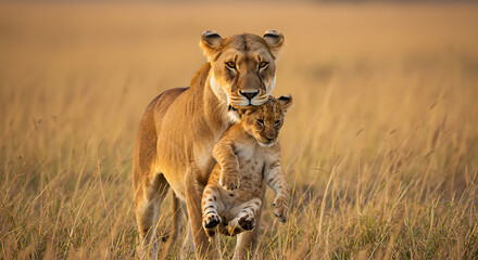Lion with Cubs &ndash; Majestic Wildlife Family in Natural African Habitat
