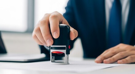 Businessman presses a stamp on a legal document, symbolizing official approval and document authentication in a professional office.