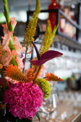 Colorful flower bouquet at bar counter – close-up