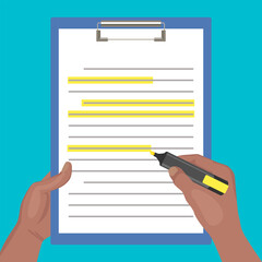 Black male hand underlining text on document with yellow highlighter pen. Vector cartoon flat illustration. 