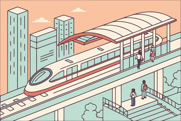 High speed train at the station with people waiting and city buildings in the background view scene
