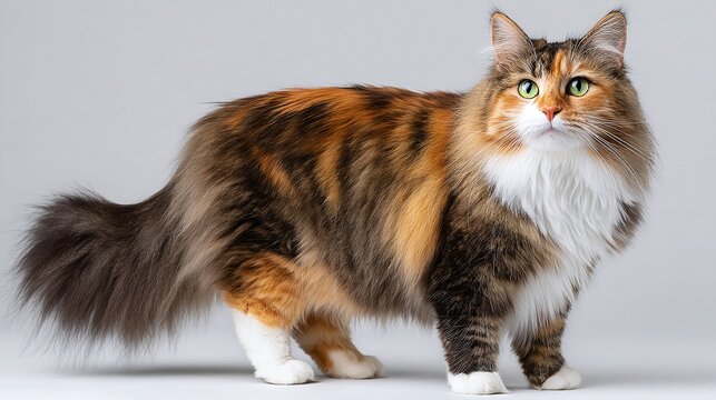Elegant long-haired cat with captivating green eyes and a majestic fluffy tail, standing gracefully against a neutral backdrop. Pet photography at its finest.