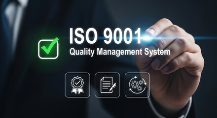 Visual representation of ISO 9001 Quality Management System, showing compliance and business standards.