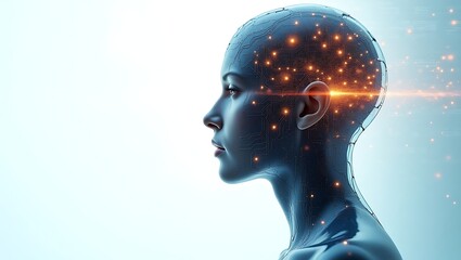 Obraz premium Profile of a futuristic female cyborg head with glowing circuits and data streams