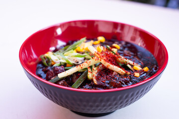 Jajangmyeon black bean noodles – Korean dish in bowl, front view
