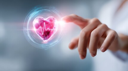 Finger Touching Heartbeat Hologram with Health Technology Concept