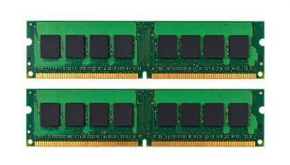 Two RAM modules, green circuit board, black chips
