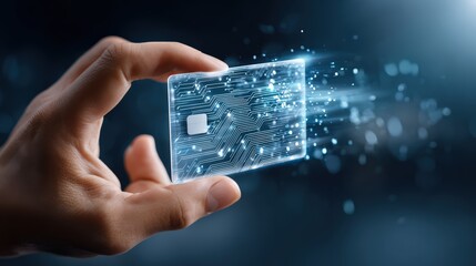 Hand Holding Transparent Digital Card With Circuit Board Design