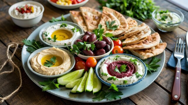 Hummus, tzatziki and baba ganush in bowls on a large platter. There are olives, cherry tomatoes, cucumber slices and feta cheese nearby.
Everything is served with lavash and garnished with parsley.