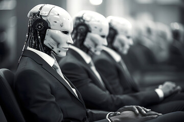Robots in business suits attend a conference, showcasing advancements in artificial intelligence and technology integration