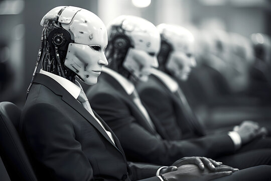 Robots in business suits attend a conference, showcasing advancements in artificial intelligence and technology integration