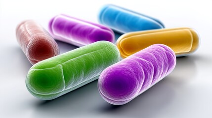 Purple and blue microscopic bacteria floating in space symbolizing medical research, infection and microbiology visualization, Generative AI