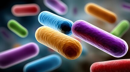 Purple and blue microscopic bacteria floating in space symbolizing medical research, infection and microbiology visualization, Generative AI