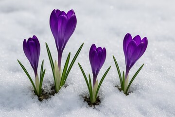 Naklejka premium Purple Crocus Flowers Blooming Through Snow