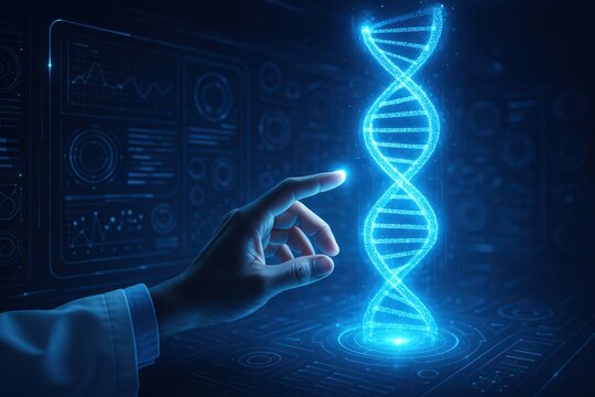 Digital DNA Strand Hologram With Hand In Scientific Interface