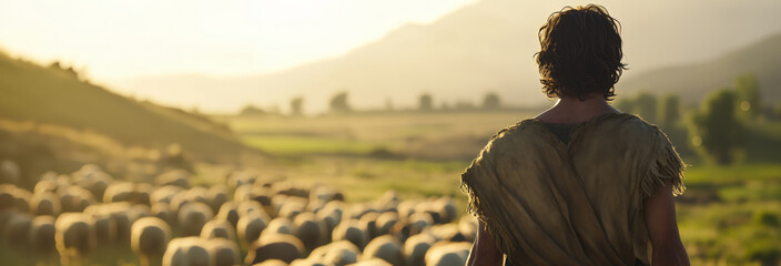 Abel, the second son of Adam, standing in a vast, tranquil pasture with his flock of sheep spread out around him.