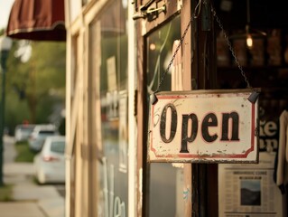 A rusty, vintage "Open" sign hangs on a chain from the weathered green frame of a shop door. The blurred interior and street create a nostalgic, welcoming atmosphere for a small, local business