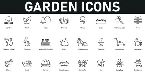 Garden Icons vector illustration with thin line editable stroke containing gardening, butterfly, forest, snail, fruits, cultivate, fence, grass, shrub, trees, plant, flowers, fountain, ladybug, bee.