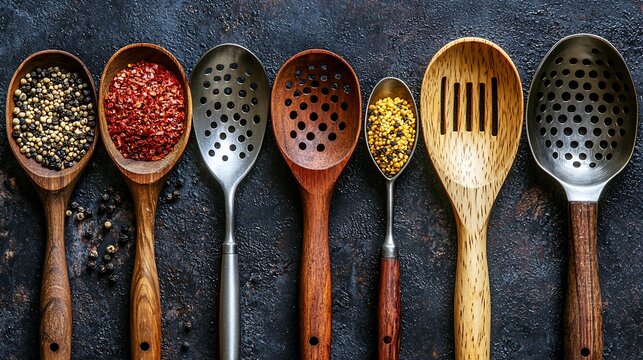 Assorted spices in wooden and metal spoons arranged on a dark background