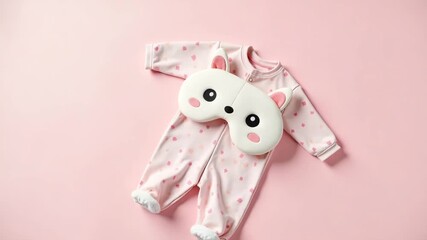Sweet newborn sleepwear on pink backdrop with plush eye mask. Newborn sleepwear setup includes a delicate pink baby grow, and a cute plush eye mask, creating a cozy and adorable scene.