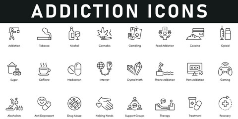 Addiction Icons vector illustration with thin line editable stroke containing recovery, treatment, helping hands, phone, food addiction, therapy, sugar, cocaine, gambling, tobacco, cannabis, caffeine.