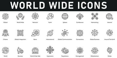 World Wide Icons vector illustration with thin line editable stroke containing globe, globalization, population, expansion, world, connection, international, global integration, citizens, internet.