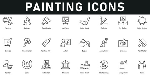 Painting Icons vector illustration with thin line editable stroke containing spray paint, paint brush, exhibition, color, drawing, bucket, artist, painting tube, imagination, canvas, paint stain.
