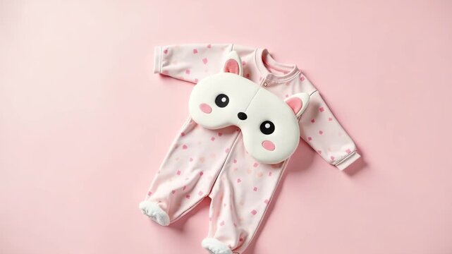 Sweet newborn sleepwear on pink backdrop with plush eye mask. Newborn sleepwear setup includes a delicate pink baby grow, and a cute plush eye mask, creating a cozy and adorable scene.