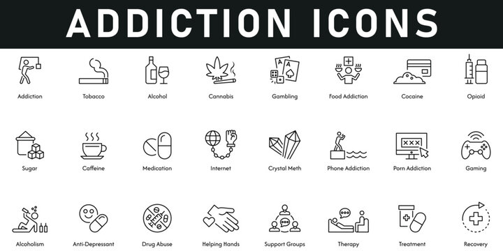 Addiction Icons vector illustration with thin line editable stroke containing recovery, treatment, helping hands, phone, food addiction, therapy, sugar, cocaine, gambling, tobacco, cannabis, caffeine.
