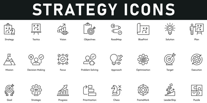 Strategy Icons vector illustration with thin line editable stroke containing puzzle, leadership, framework, chess, prioritization, progress, goal, execution, optimization, approach, problem solving.