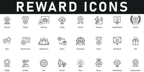 Reward Icons vector illustration with thin line editable stroke containing achievement, price money, bonus, winner, star, badge, gift, certificate, honor, champion, points, ranking, medal, success.