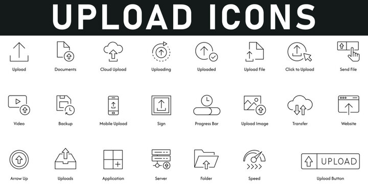 Upload Icons vector illustration with thin line editable stroke containing speed, folder, server, application, arrow up, website, transfer, sign, backup, video, send files, upload files, uploading.