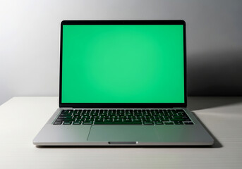 Silver laptop with bright green screen on white desk computer technology