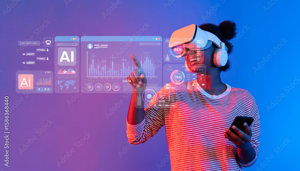 Poster a young woman engages with a virtual reality headset while exploring dynamic artificial intelligence