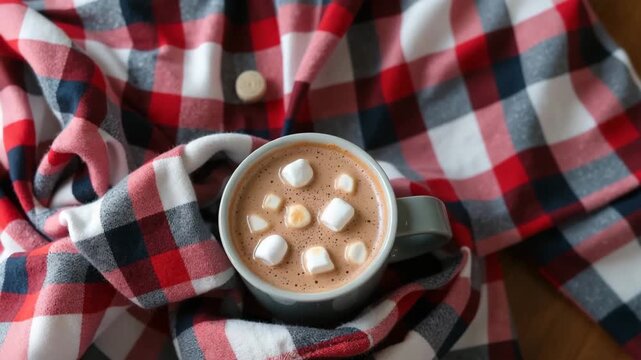 Hot chocolate beverage with marshmallows on plaid. Hot chocolate drink on cozy, red plaid flannel offers comforting warmth and rich flavor.