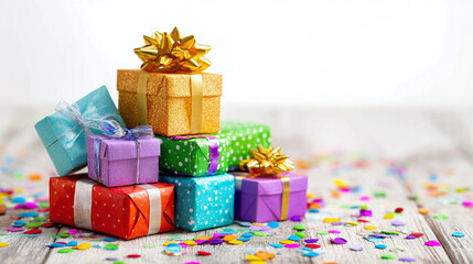 Stack of multicolored gift boxes with shiny ribbons and bows, arranged on a wooden table with confetti around, birthday mood setup, isolated on transparent background 