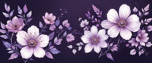 Abstract floral flowers with leaves and branches in purple and violet combination gradient colors, in dark purple background, minimalist style, artistic, water colors, seamless pattern, oil painting s