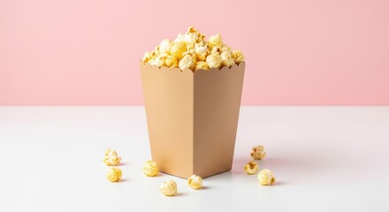 Popcorn overflows from a cardboard container on a minimalist pink surface for movie time snack themes