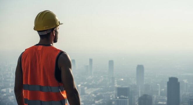 Construction worker surveys the cityscape from above with safety gear assessing progress and future planning for urban development