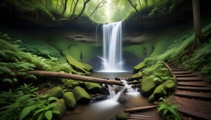 A stunning waterfall flows through a vibrant green forest, creating a tranquil scene.