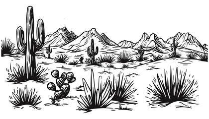 Hand drawn desert landscape with mountains and cactus vector illustration