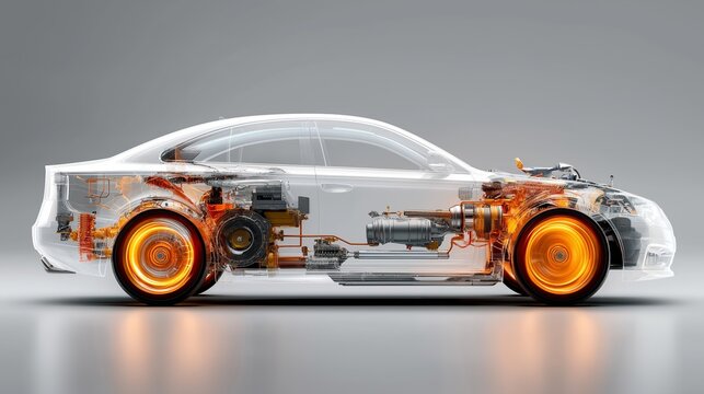 Transparent electric car revealing glowing wheels, detailed motor structure and internal systems highlighting innovative automotive design, Generative AI