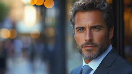 Close-up portrait of a serious, middle-aged man with graying hair and beard, wearing a suit and tie, outdoors in a blurred city background