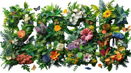Natureinspired letters and numbers formed from lush green plants and flowers isolated on transparent background