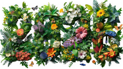 Natureinspired letters and numbers formed from lush green plants and flowers isolated on transparent background